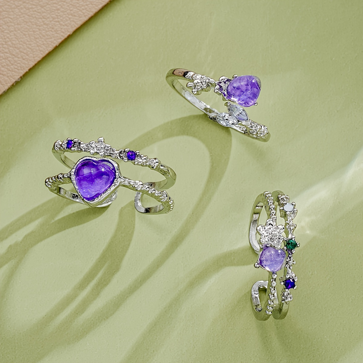 Heart & Floral Rhinestone Ring Set 3 Piece Combination Jewelry